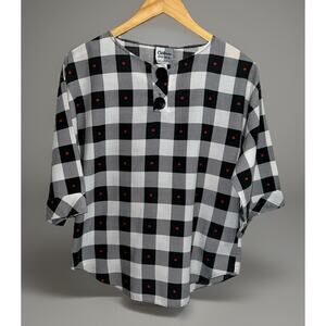 VTG California Connection 3/4 Sleeve Top White Black Check Pullover Shirt - Sz S